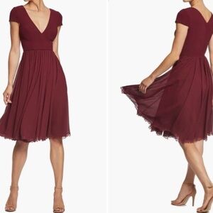 Dress the Population Burgundy V-Neck Cap Sleeve Midi Dress